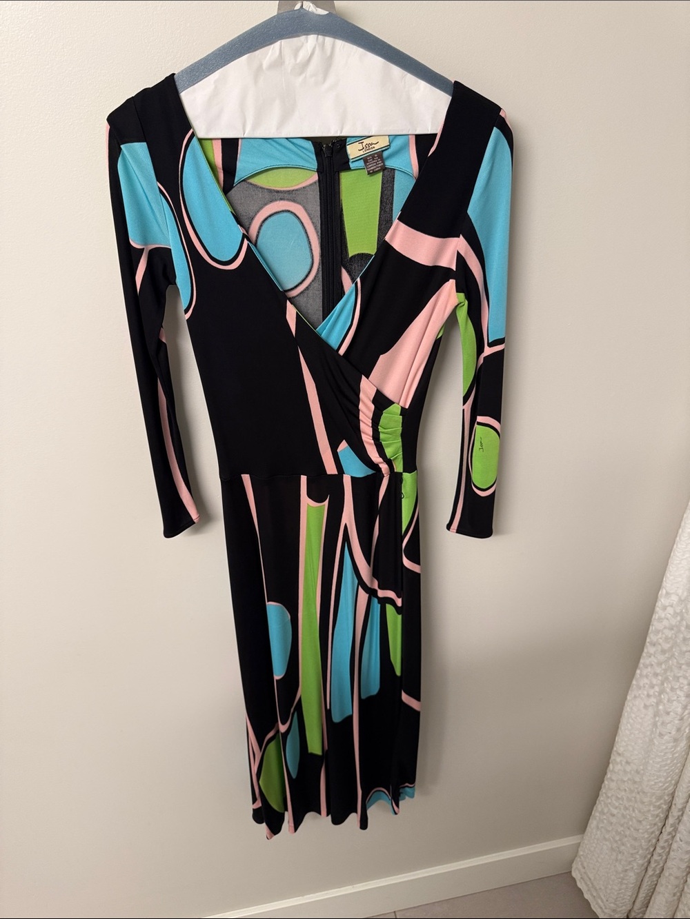 Issa London Black Wrap Midi Dress with Pink, Blue & Green Print